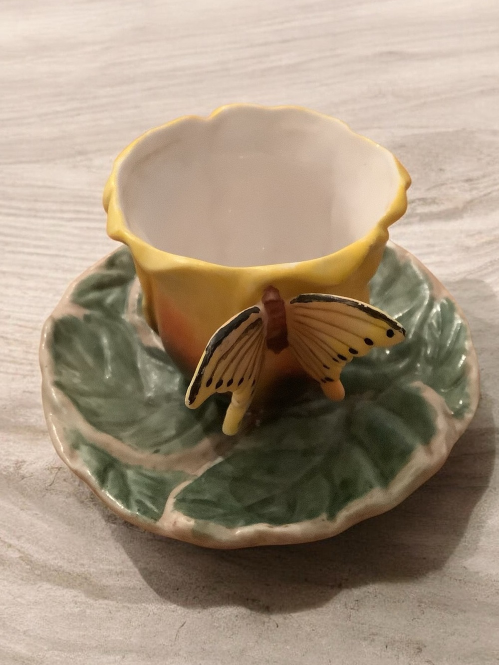 Yellow Butterfly Ceramic Cup with Green Leaf Saucer